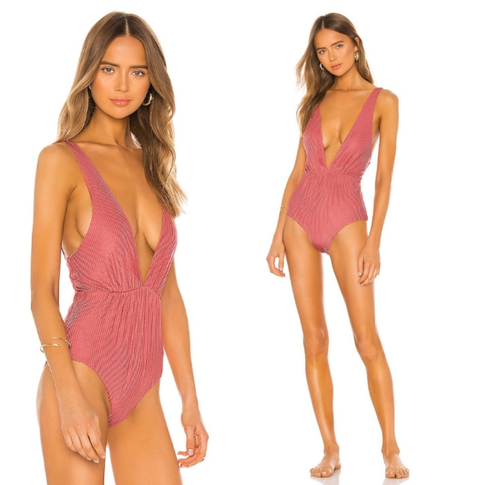 Tori Praver Swimwear Deep V One-Piece Swimsuit in Dusty Rose